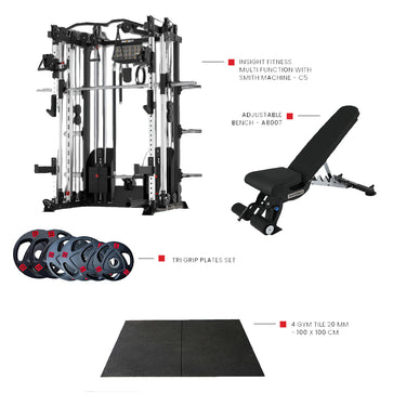 Insight Fitness Multi Function with Smith Machine C5 with Rubber Flooring and Dual Grip Plates with A8007 Bench (Bundle)